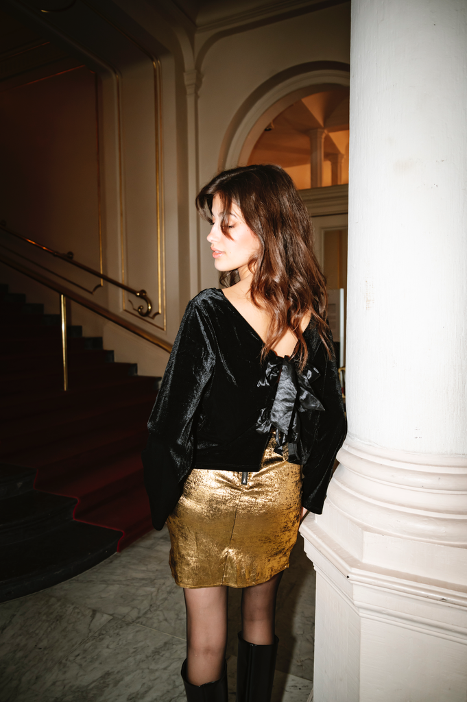 Blouse VICTORY en velours noir à noeuds (XS)