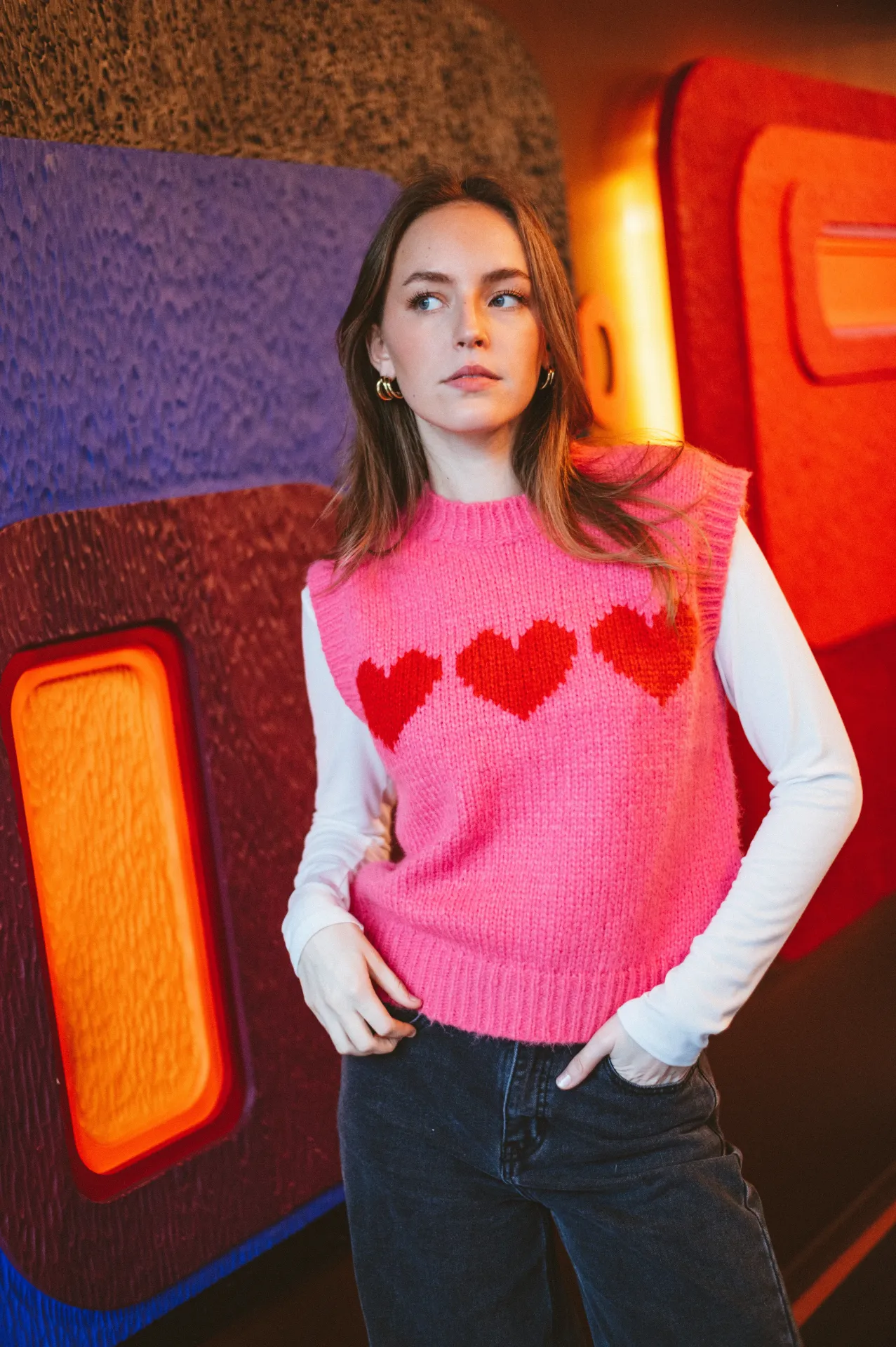 Pull sans manches JOVE rose/coeur (XS)