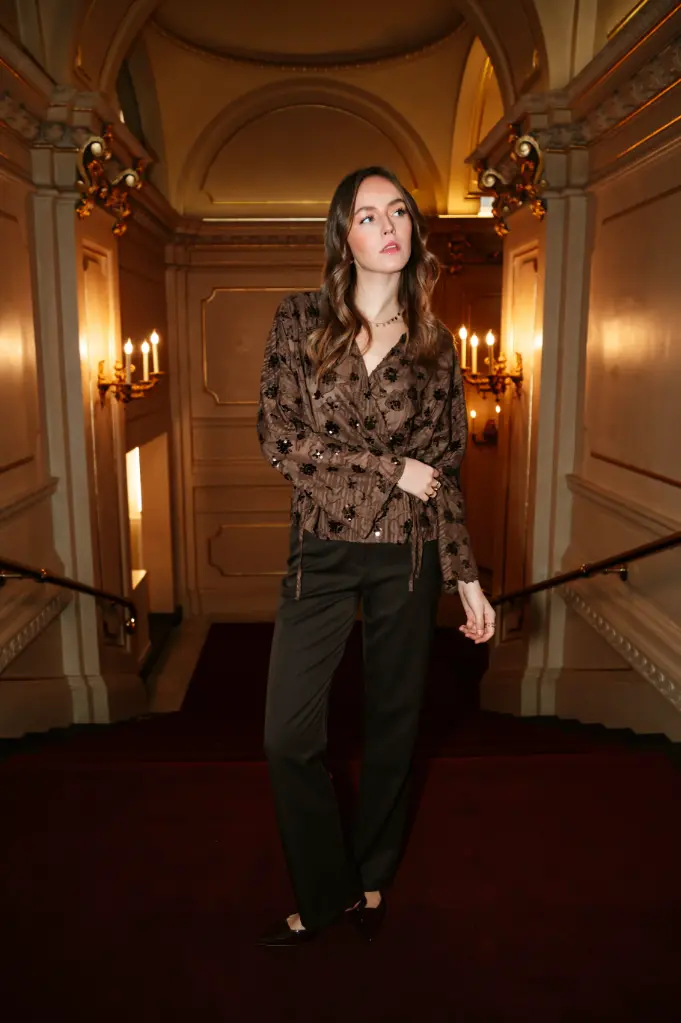 Blouse cache-cœur LEXIE brune/strass  (S/M)