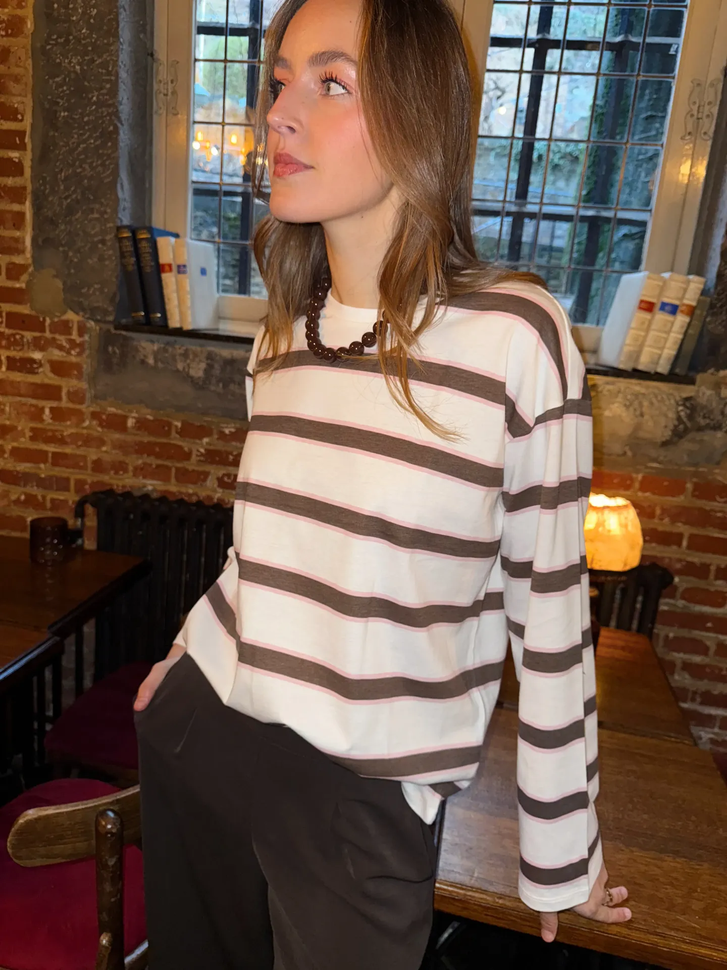 T-shirt manches longues MILA blanc/brun/rose