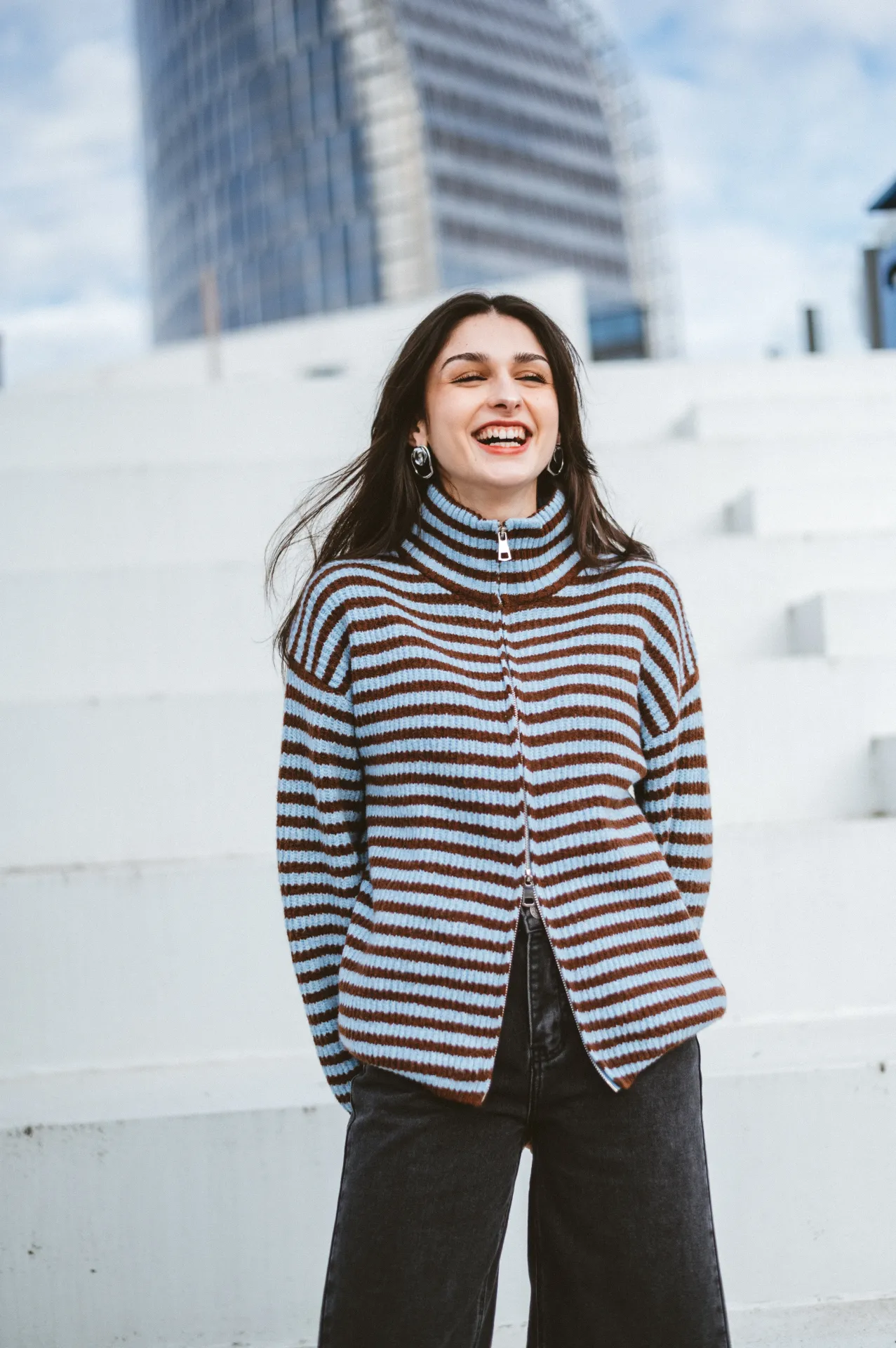 Pull zip THALIE bleu/brun