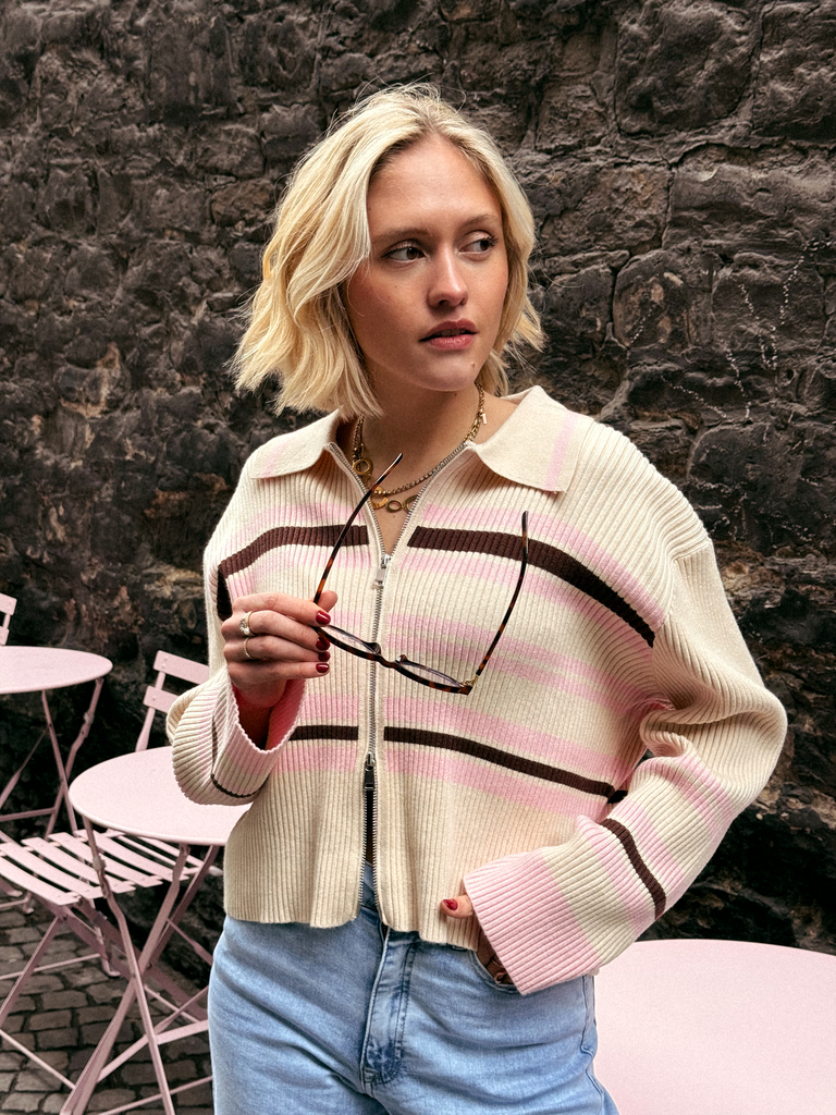 Pull zip MIRIA beige/rayé