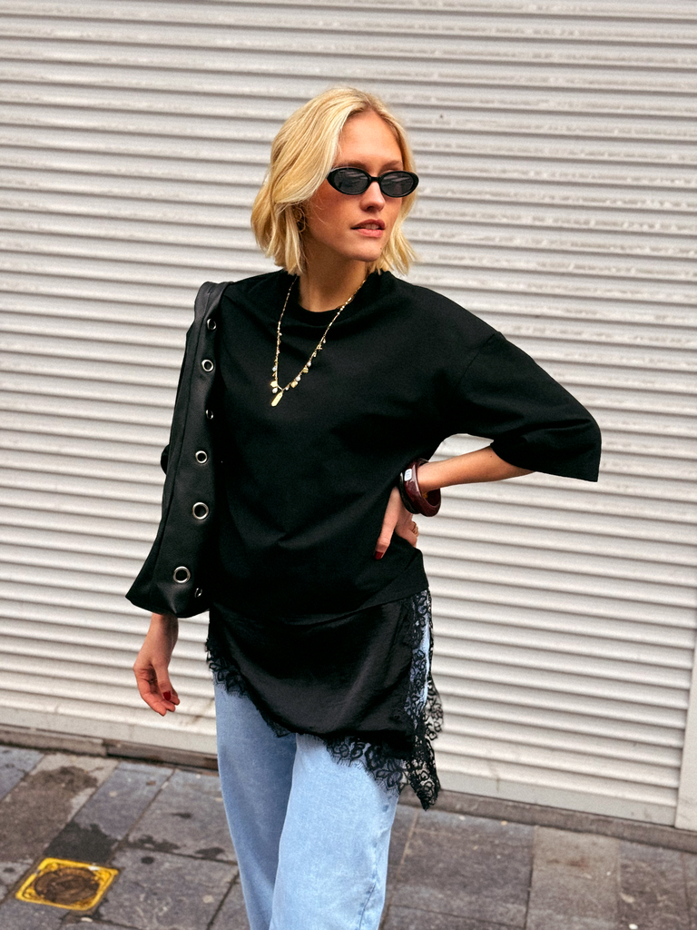 T-shirt LOUNA noir/dentelle (S/M)