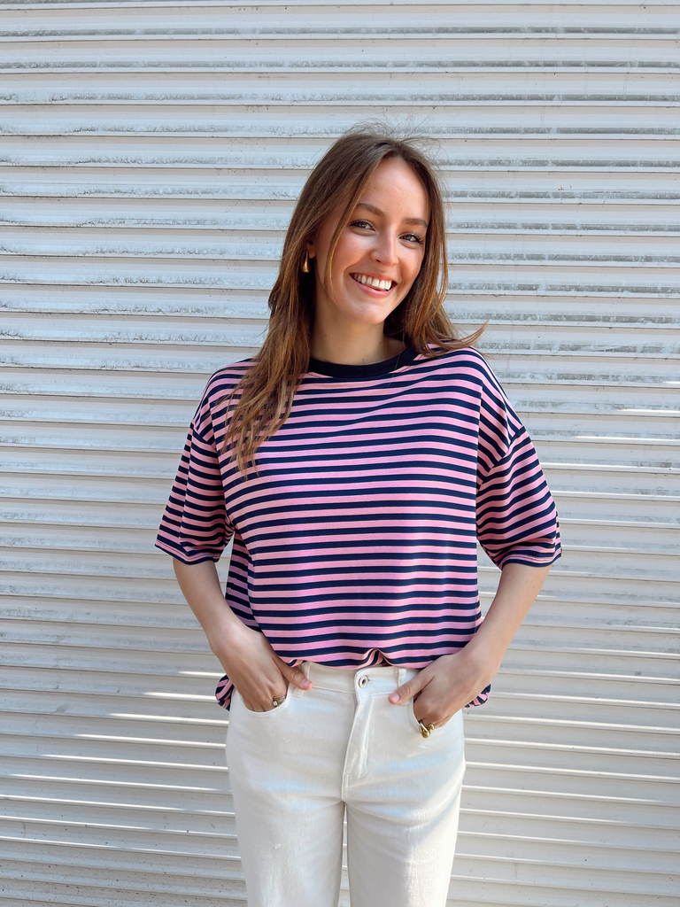 T-shirt marinière EZRA bleu marine/rose