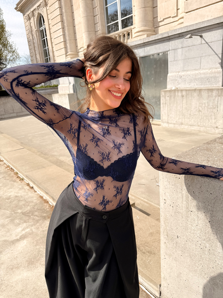 SIENA BLEU FONCE - Blouse en dentelle