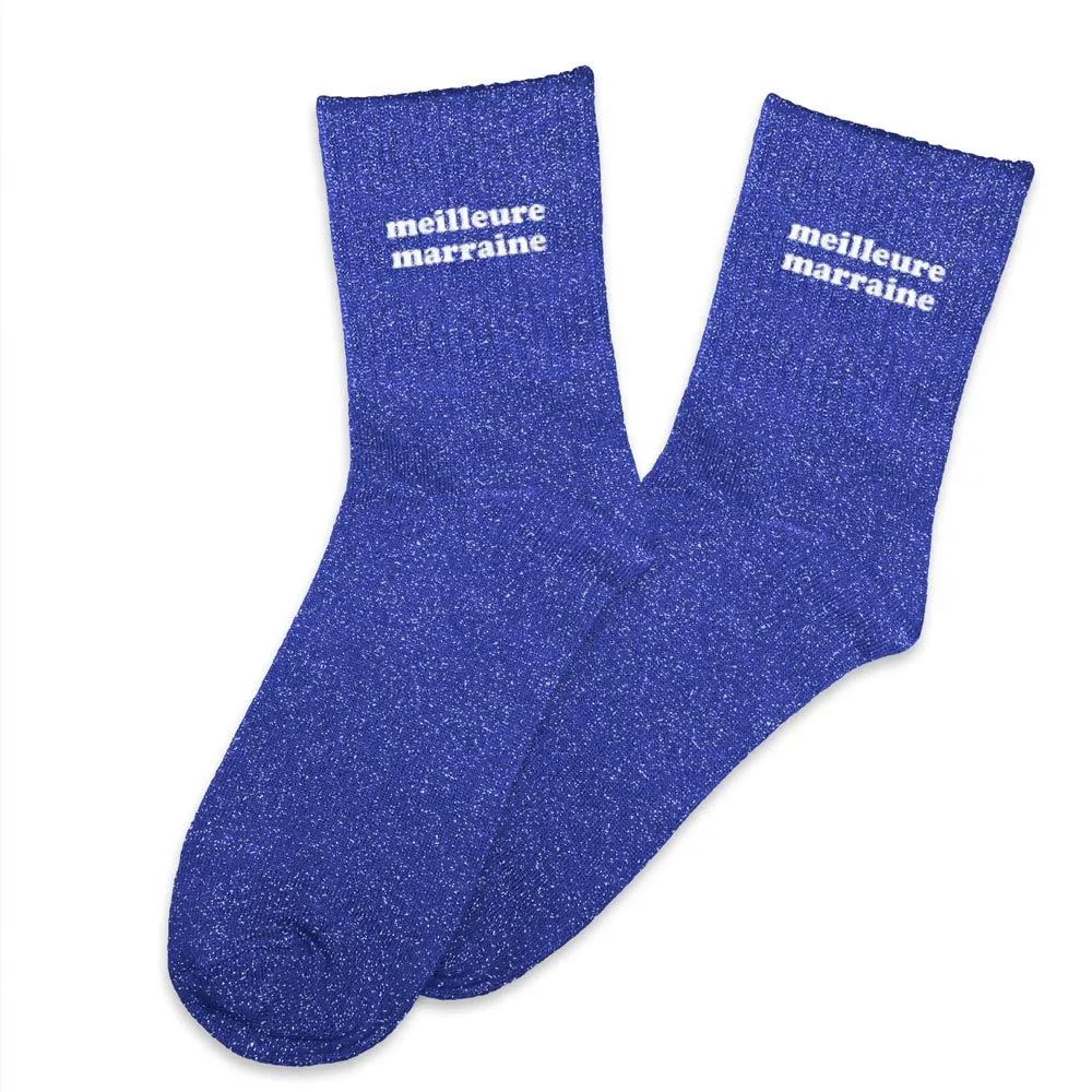 Chaussettes MEILLEURE MARRAINE bleu à paillettes