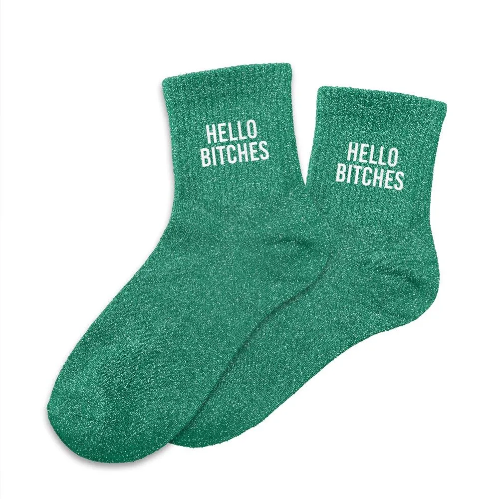 Chaussettes HELLO BITCHES vert à paillettes