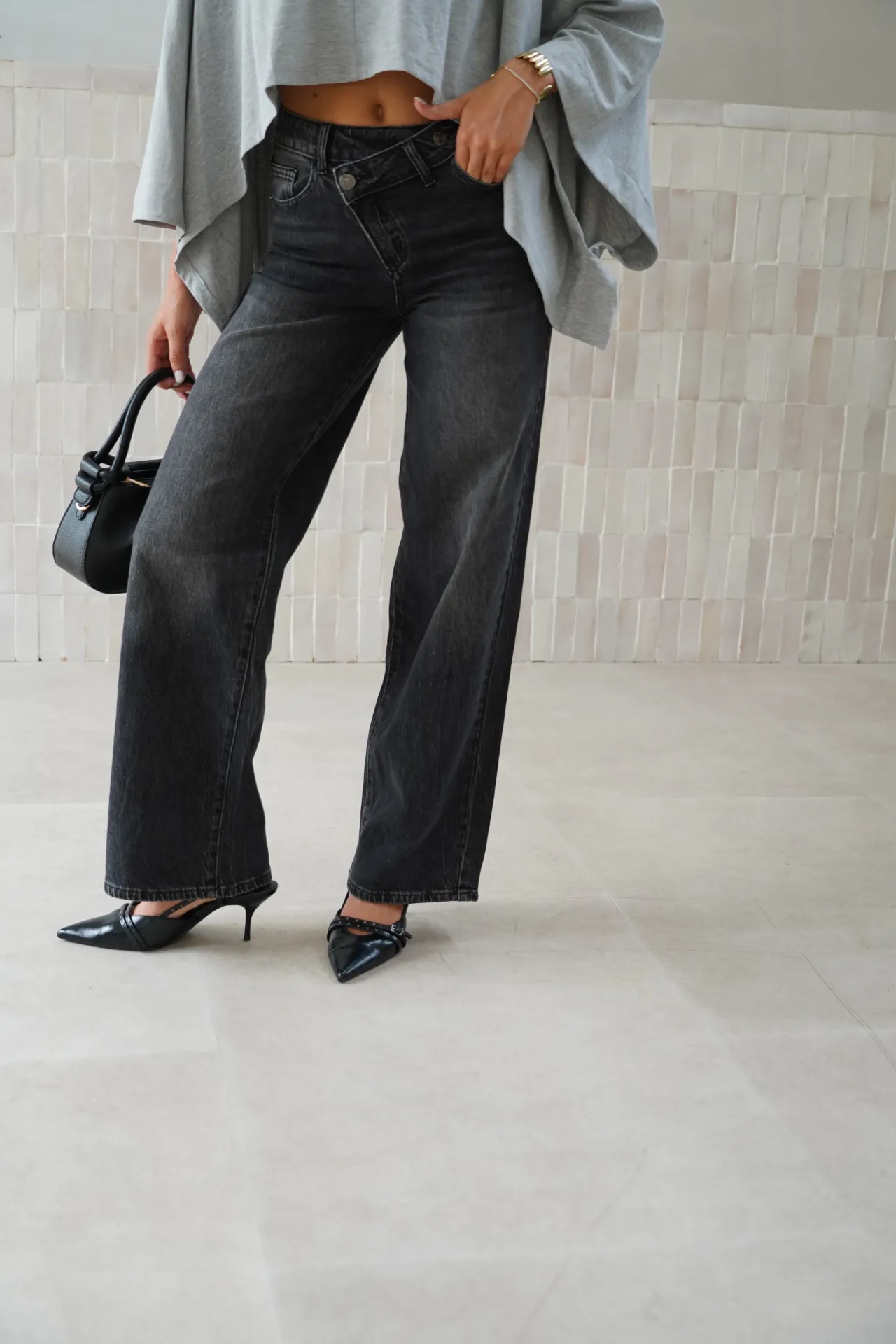 BERYL GRIS FONCE - Jeans croisé