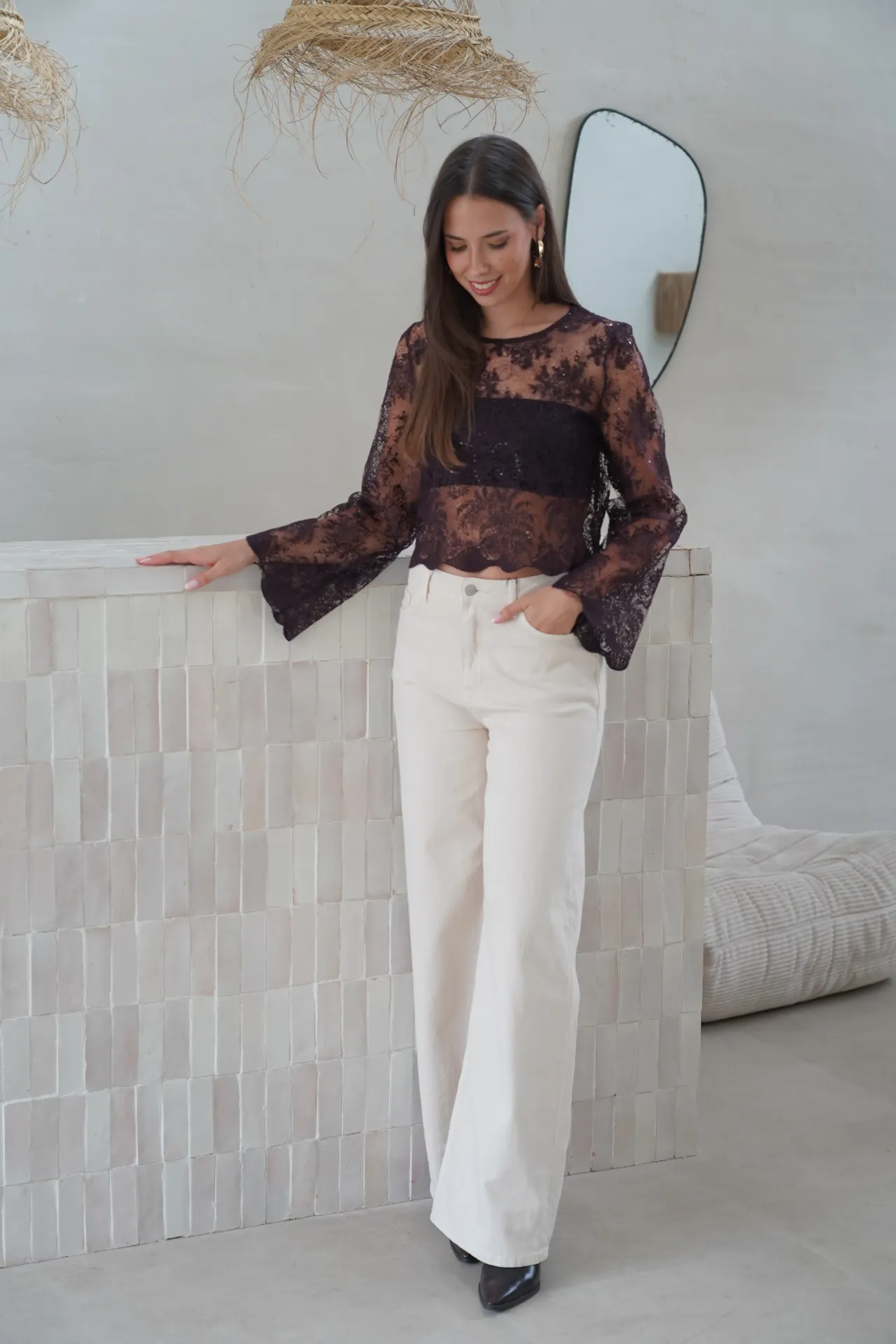 CARINA BEIGE - Jeans wide leg (XS)