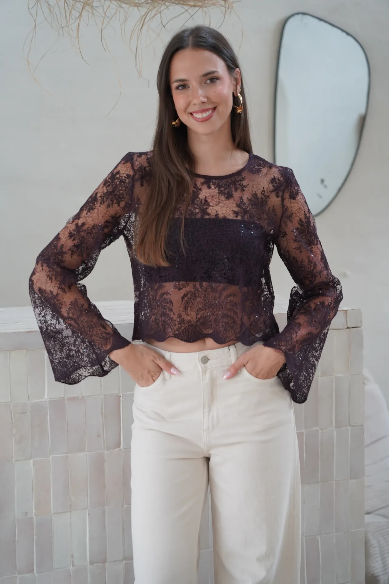 ELOA PRUNE - Blouse en dentelle/sequins (S/M)