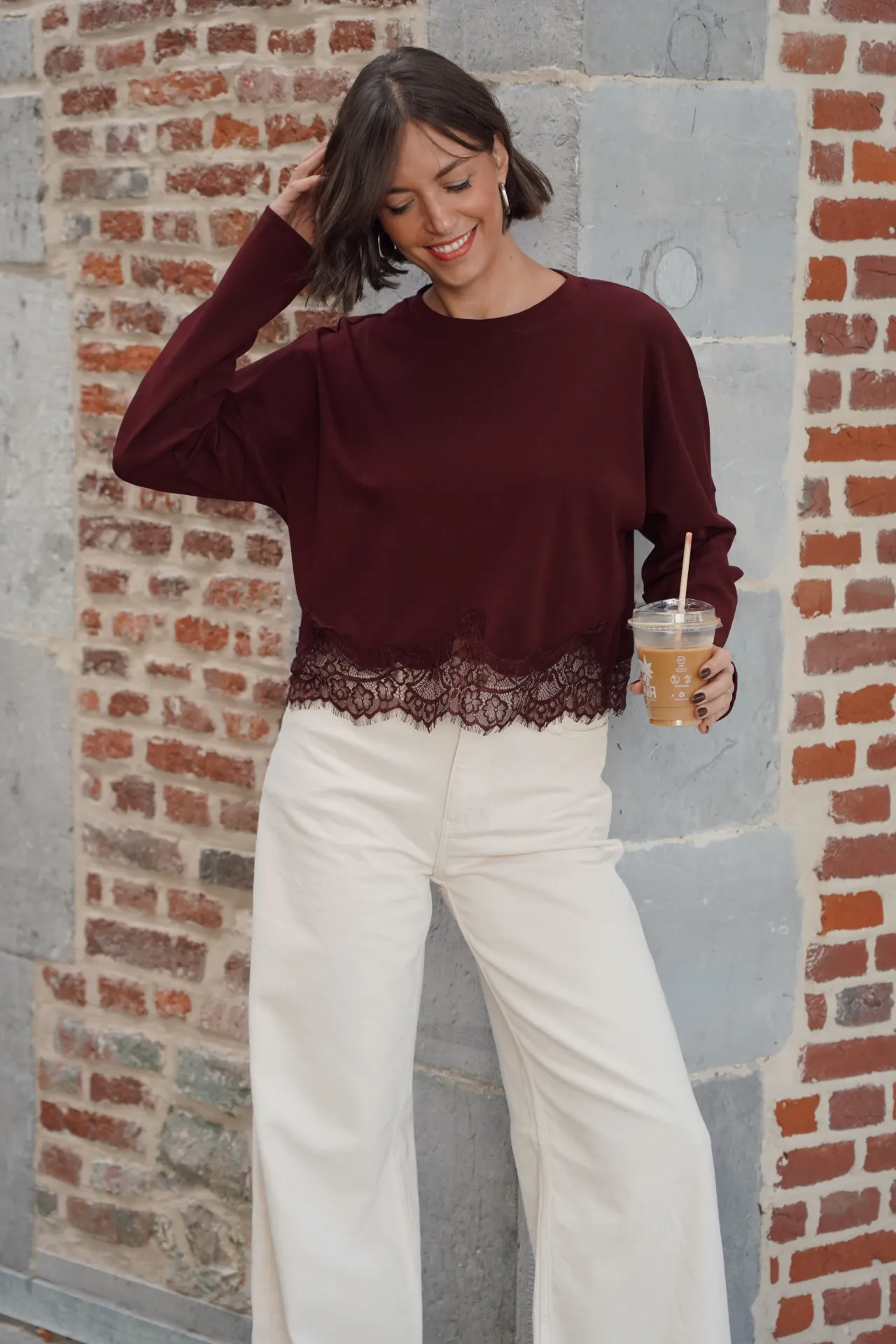 VALERIO BORDEAUX - T-shirt manches longues dentelle