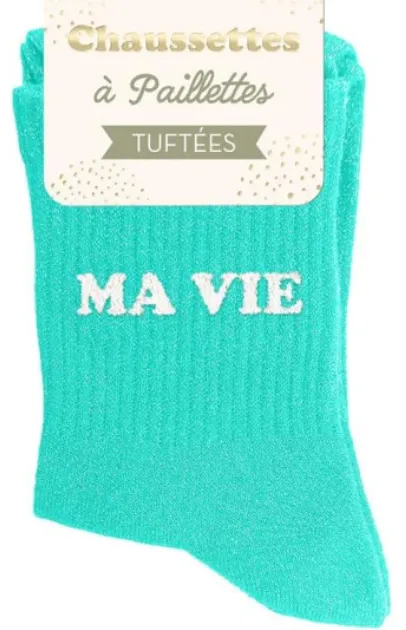 "MA VIE" BLEU - chaussettes pailettes tuftée