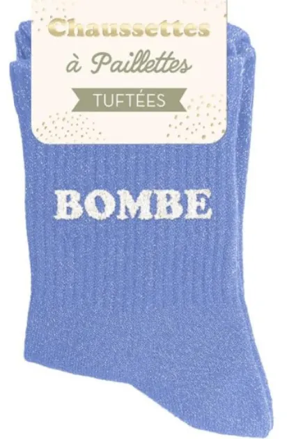 "BOMBE" -  BLEU chaussettes pailettes tuftée