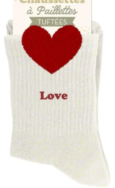 "LOVE" COEUR ROUGE - chaussettes pailettes tuftée