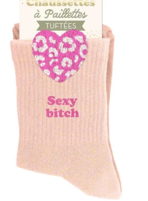 "SEXY BITCH" ROSE/COEUR LEOPARD - chaussettes pailettes tuftée