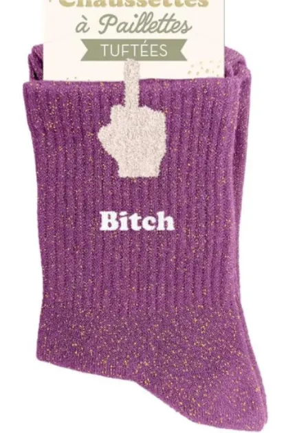 "BITCH" MAUVE/DOIGT - chaussettes pailettes tuftée