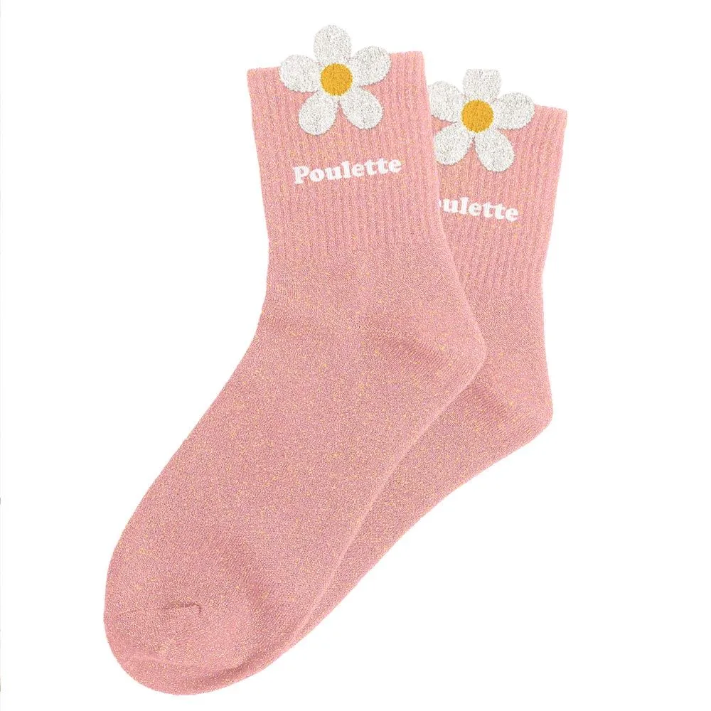 "POULETTE" ROSE/FLEUR - Chaussettes à paillettes tuftées
