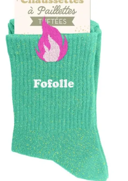 "FOFOLLE" BLEU/FLAMMES - chaussettes pailettes tuftée