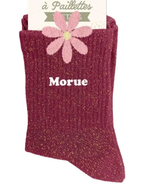 "MORUE" BORDEAU/FLEUR - chaussettes pailettes tuftée