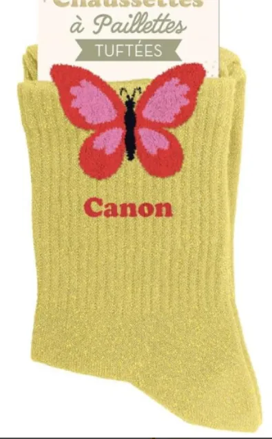 "CANON" JAUNE/PAPILLON - chaussettes pailettes tuftée