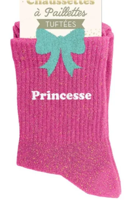 "PRINCESSE" FUSCHIA/NOEUD - chaussettes pailettes tuftée