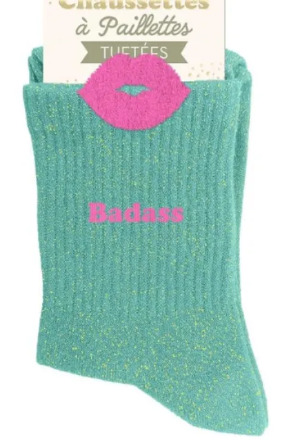 "BADASS" VERT/BISOU - chaussettes pailettes tuftée
