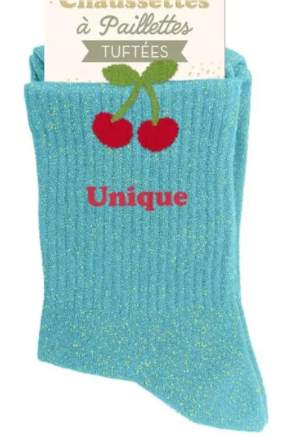 "UNIQUE" -  CERISES chaussettes pailettes tuftée