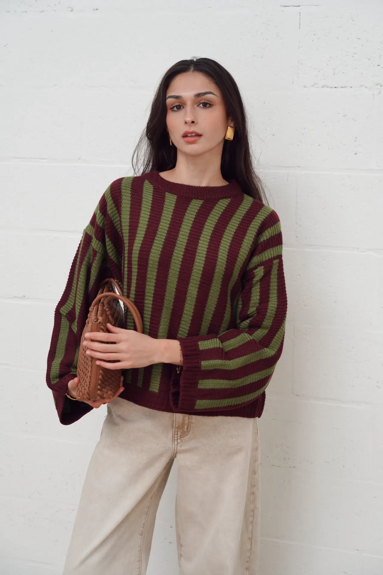 GABIN VERT/BORDEAUX - Pull rayé