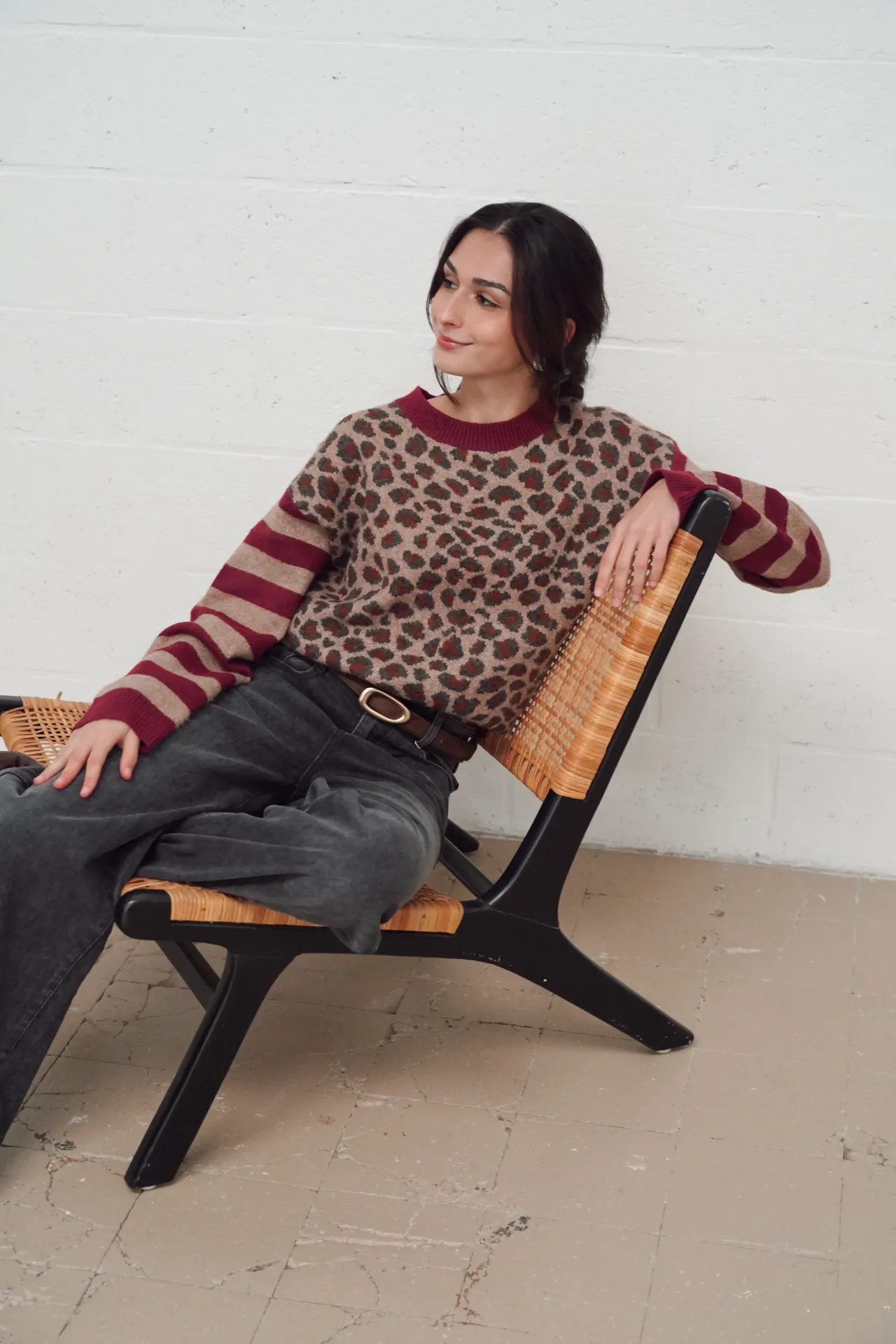 ISAAC LEOPARD/BORDEAUX - Pull imprimé