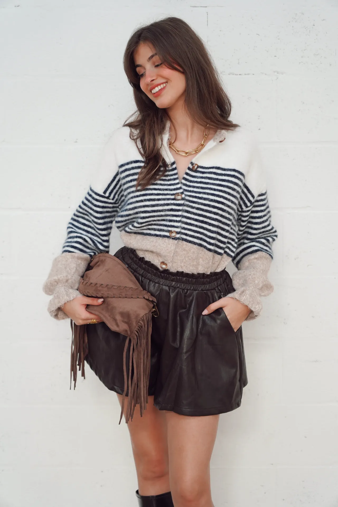 ELYO BEIGE - Cardigan rayé