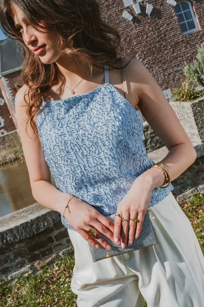 Top CATELINA bleu à strass 