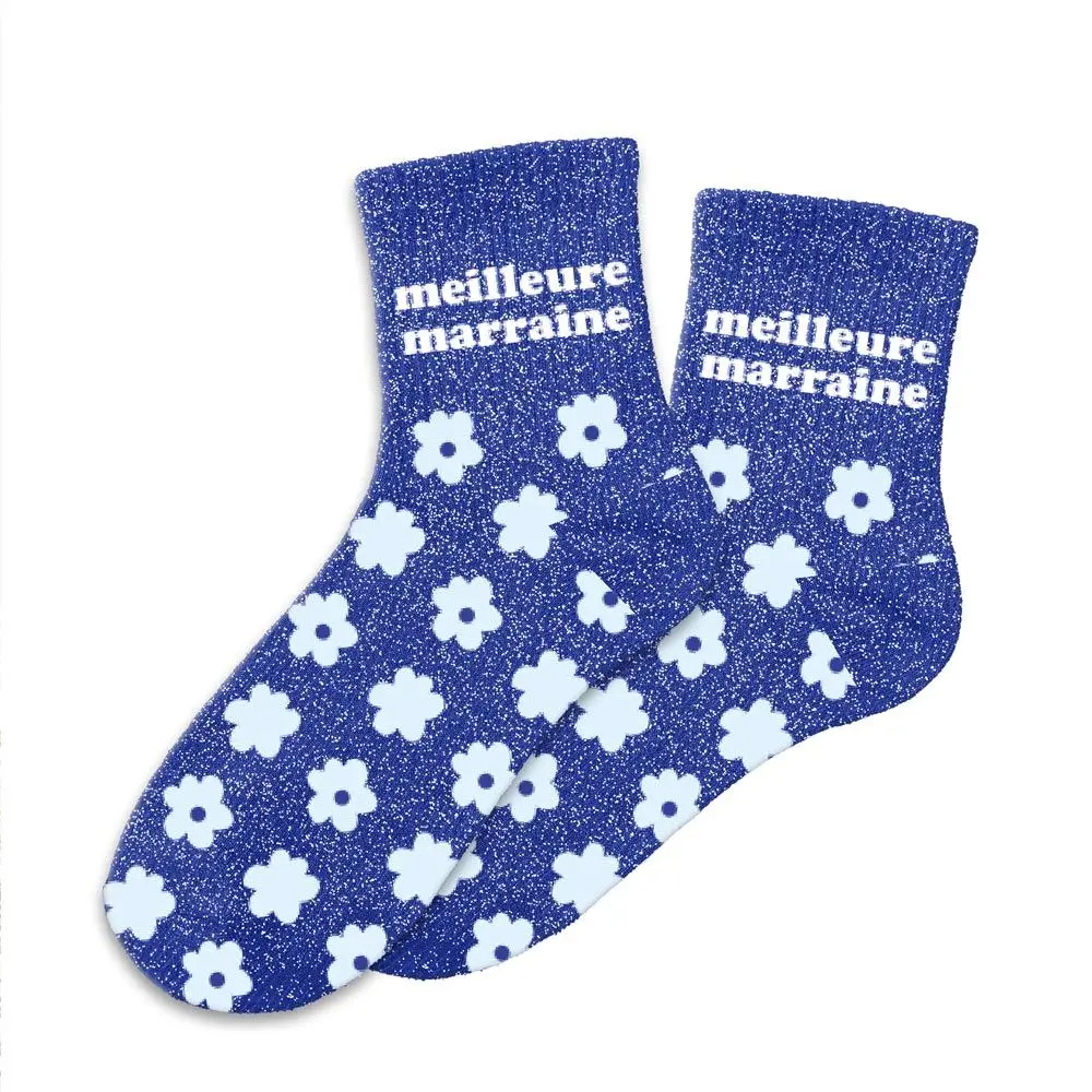 Chaussettes MEILLEURE MARRAINE bleu à paillettes