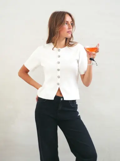 Cardigan MARIE blanc/boutons argentés